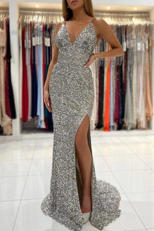 thigh-high slit prom dressesSexy V Neck Spaghetti Straps Backless Sequins Long Prom Dresses