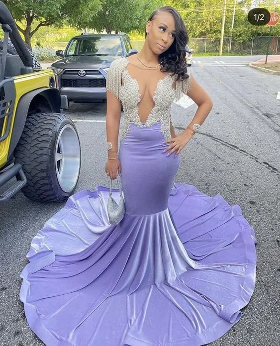 prom dresses for plus-size figuresShinning purple mermaid prom dress with train