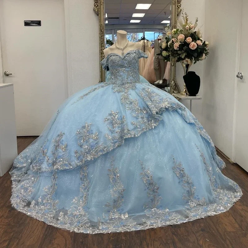 backless prom dressesSky Blue Shiny Quinceanera Dress Princess Off the Shoulder Prom Gown Tulle Appliques Lace Beads Sweet16 Dress Vestidos De 15Anos