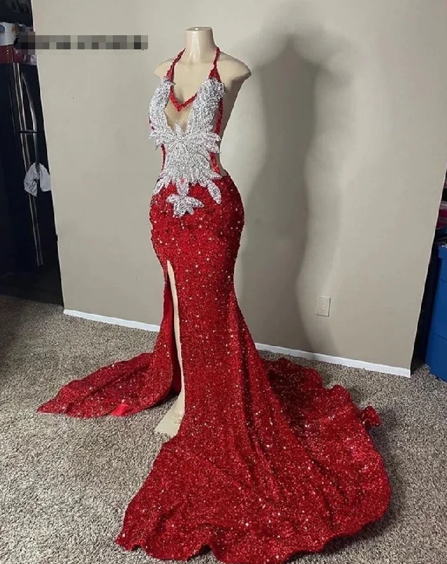 corset prom dressesSliver Appliques Red Sequin Halter Prom Dresses 2024 For Black Girls Slit Mermaid Cocktail Dress Elegant Formal Occasion Gowns