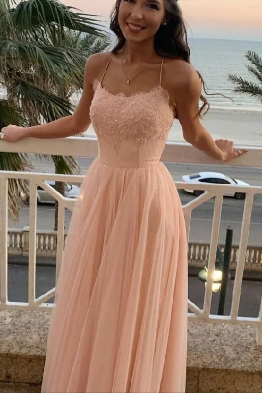 modern prom dressesspaghetti Straps Pink Tulle Long Prom Dress