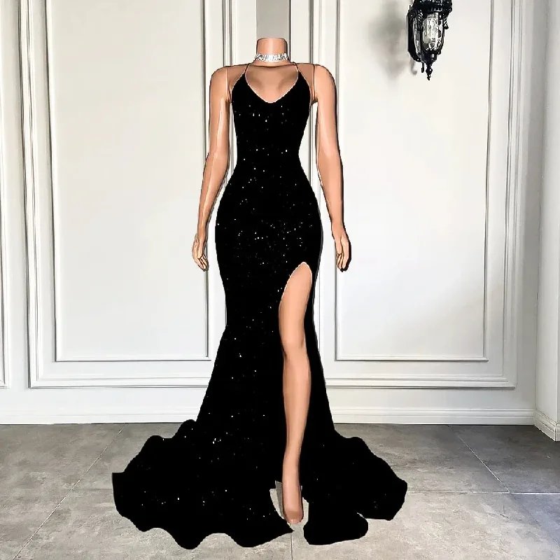 prom dress cleaningSparkly Mermaid Style Fitted Sexy High Slit Black Sequined African Girl Backless Long Prom Dresses 2024