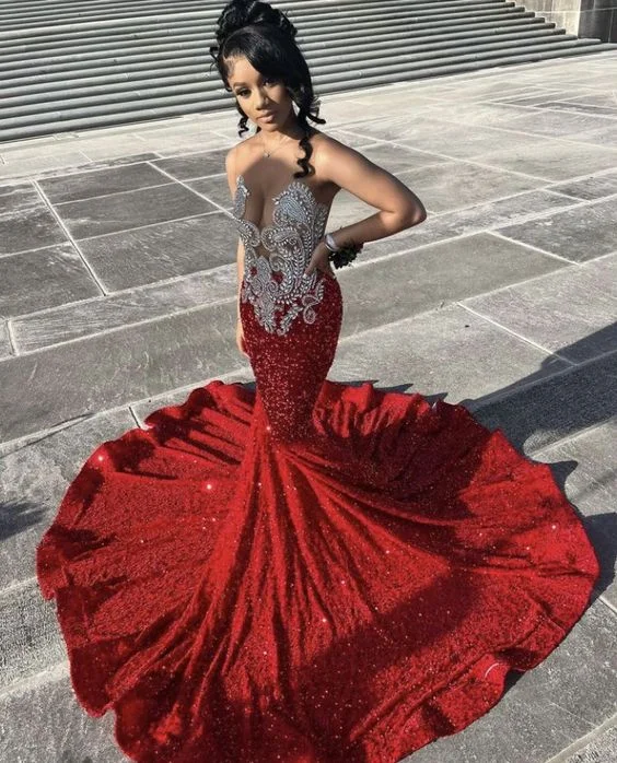 prom dress preservationSparkly Red Sequins Mermaid Prom Dress For Black Girls