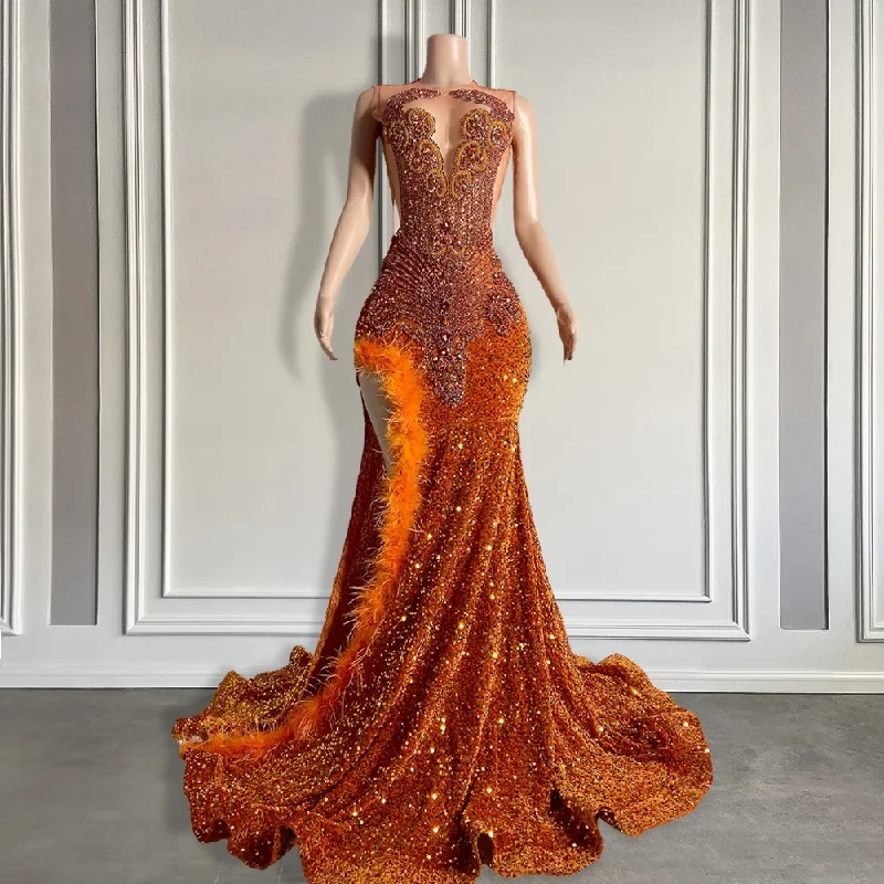 prom dresses with beaded accentsSparkly Rhinestone Orange Feather Mermaid Prom Gowns 2024 Sexy High Slit Black Girl Sparkly Sequin Long Prom Dresses