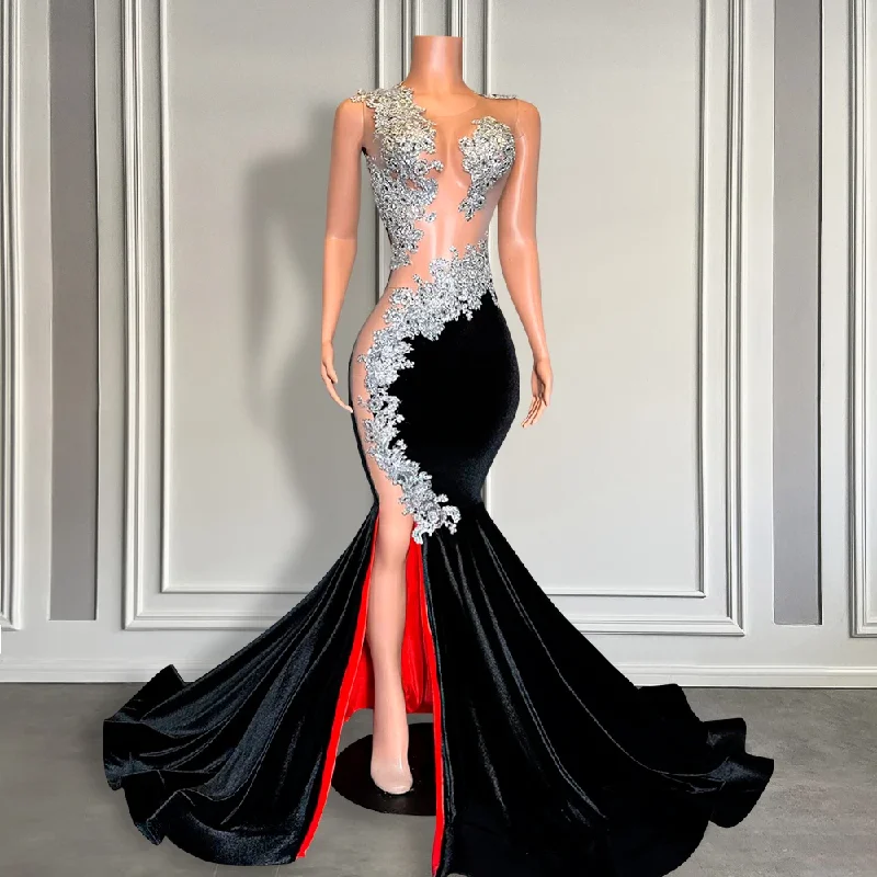 prom dresses with lace appliquésSexy Black Velvet Slit Long Prom Dress with Red Lining Black Girls Silver Lace Appliques Sheer Mesh Mermaid Prom Gala Gown