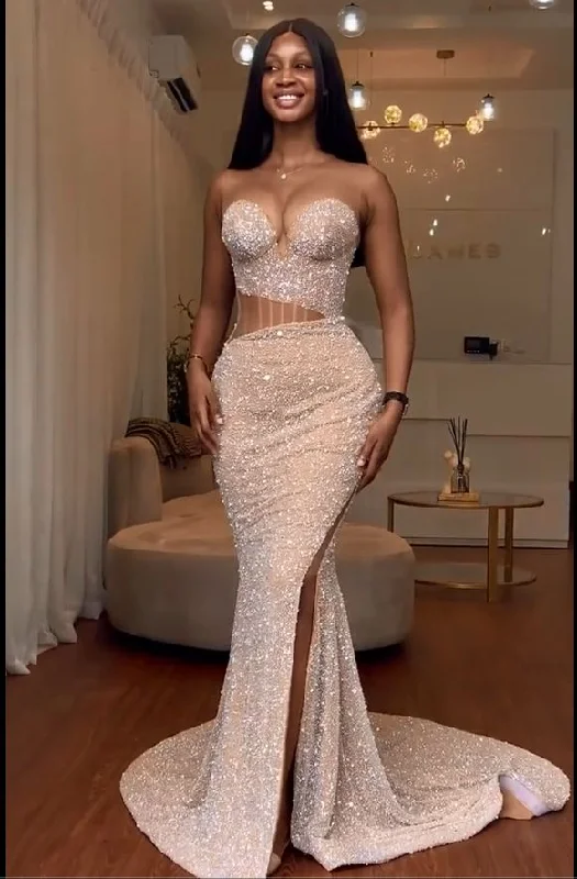 prom dress color trendsStunning Light Champagne Slit Mermaid Beaded Sweetheart Prom Dress