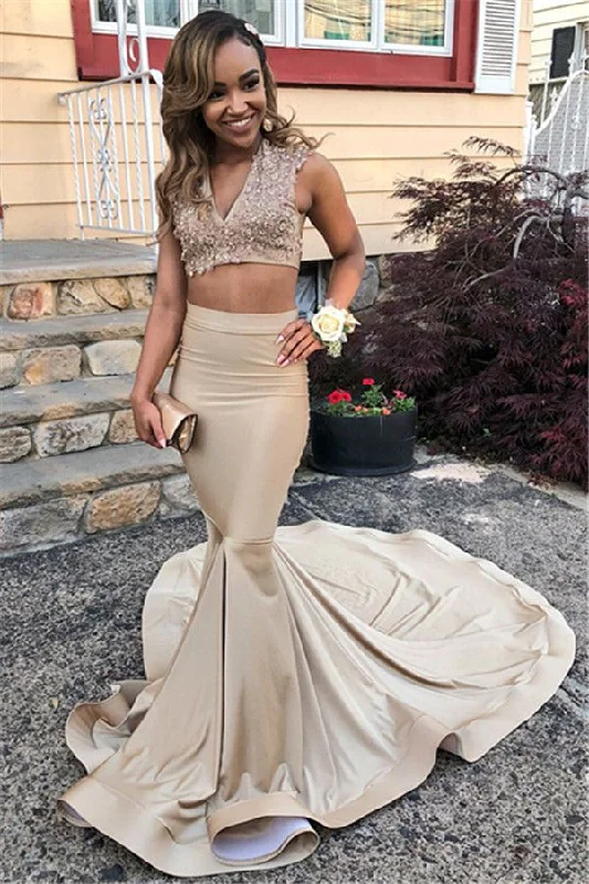 corset prom dressesTwo Pieces V-Neck Straps Sleeveless Lace Appliques Sexy Mermaid Floor-Length Prom Dresses