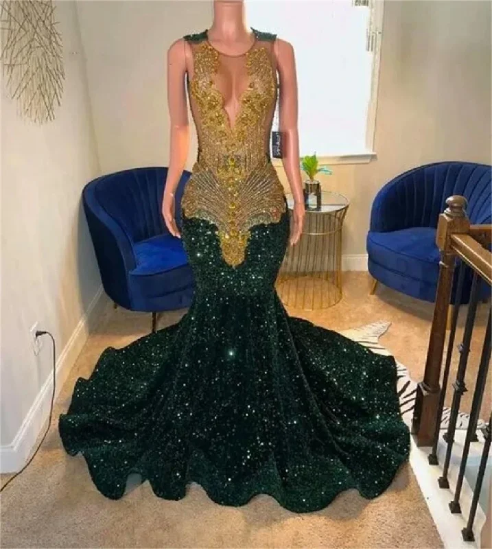 prom dresses for apple shapesUnique Green Sequin Gold Crystal Beaded Mermaid Prom Dresses 2024 Sexy Sheer Mesh Luxury Handmade Diamond Black Girl Gala Gowns