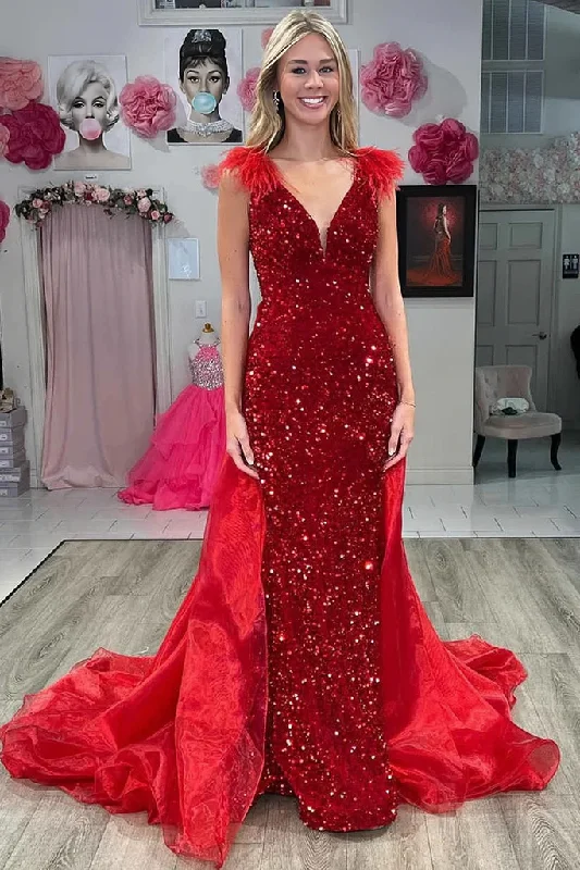 prom dress inspiration galleriesV-NECK BURGUNDY SEQUIN MERMAID PROM DRESS WITH FEATHERS