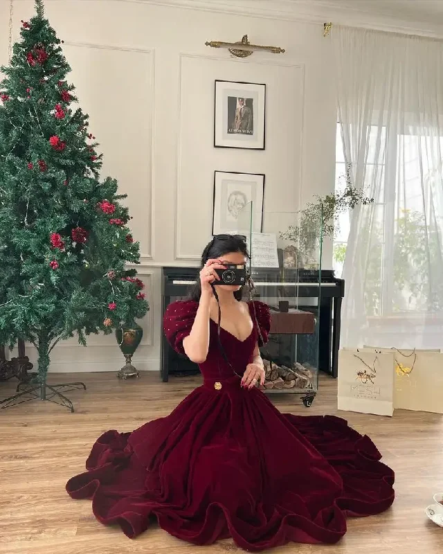 prom dress preservationVintage A line Velvet Burgundy Prom Dresses