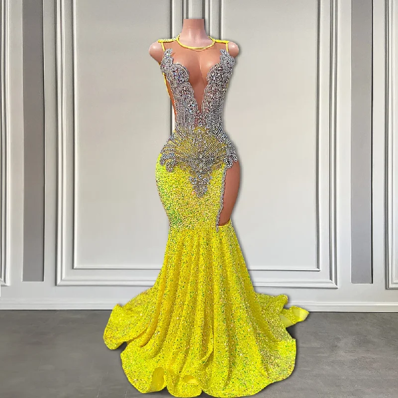 prom dresses with sequin detailingYellow Sequin Luxury Prom Dress For Black Girl Sheer O Neck Sparkly Diamond Crystal Long Prom Formal Gown Mermaid Style