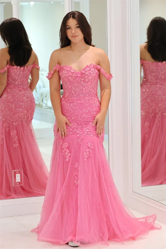 high-low gown dresses2025 Pink Floral Lace Formal Dresses Mermaid Off-Shoulder