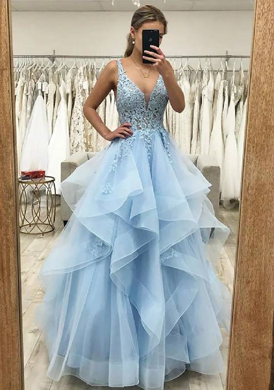 gown dress cleaning and careA-line Blue Tiered Formal Dresses Lace V Neck Sleeveless With Appliqued