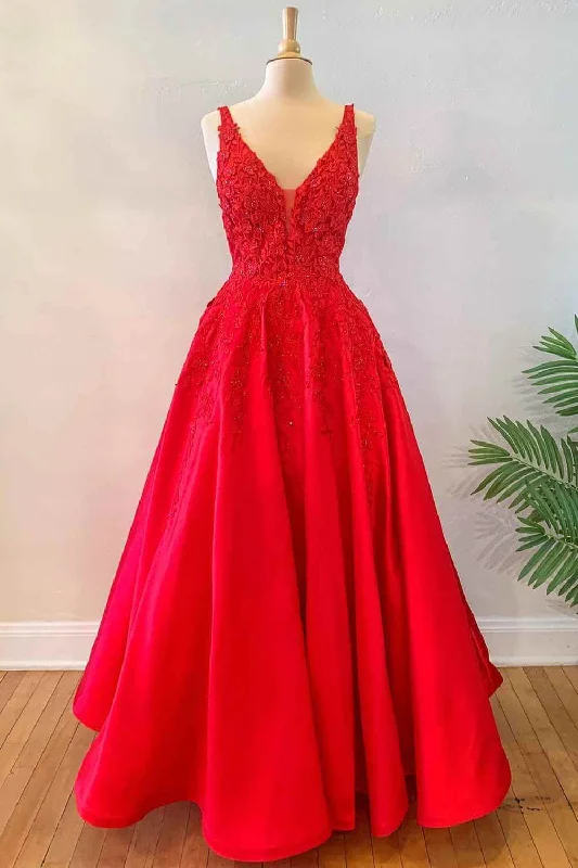 fitted gown dressesA-Line Floor Length Princess Red Long Formal Dresses Lace Floral V Neck