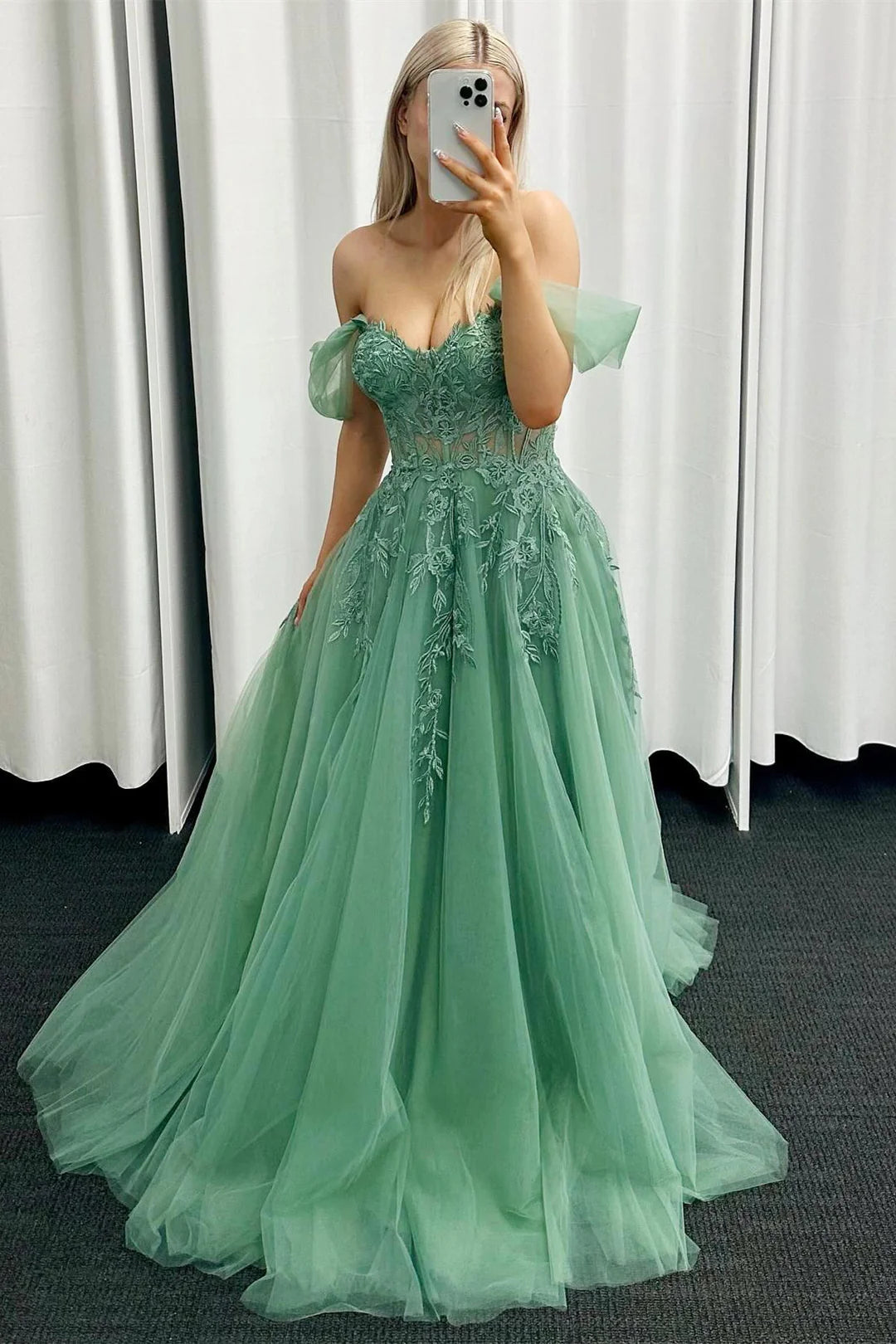 gown dress designers to followA-line Floral Sage Green Formal Dress Embroidery Strapless