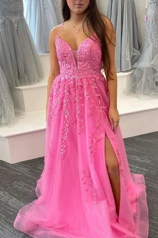 corset gown dressesA-Line Hot Pink Lace Long Formal Dress with Lace-Up Back