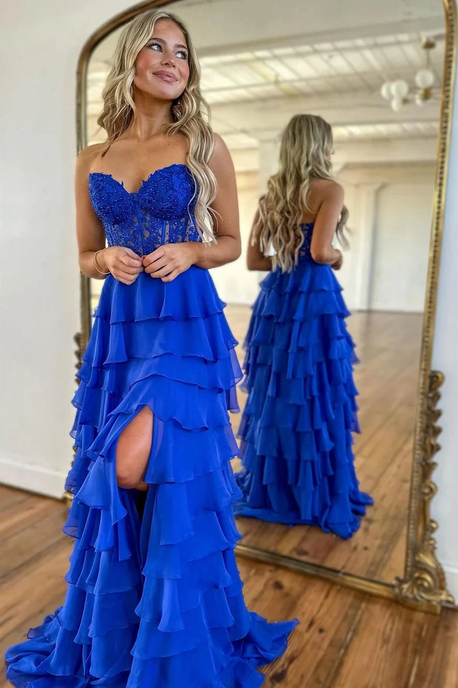 gown dress preservation tipsA-Line Long Corset Royal Blue Tiered Formal Dresses