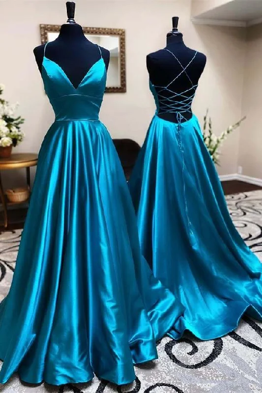 gown dress preservation tipsA-Line Pleated Teal Blue V-Neck Lace-Up Long Formal Dress