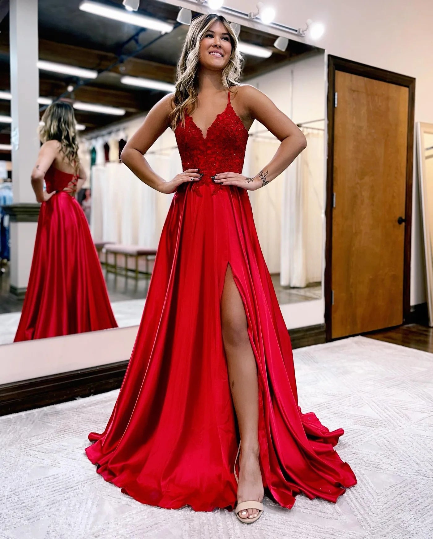 gown dresses for summerA-line Red Lace Applique Formal Dress Spaghetti Straps Corset Back