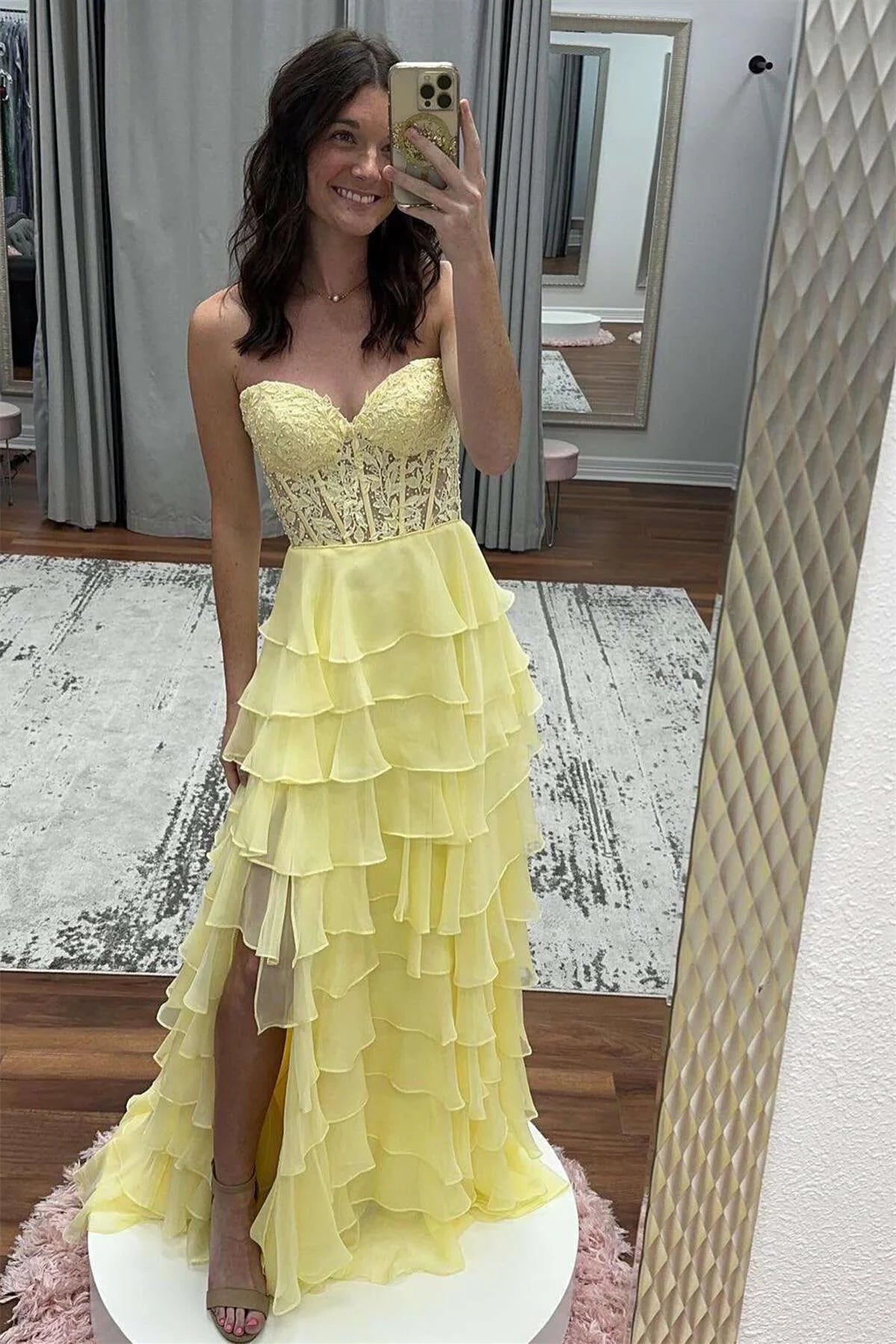 gown dress rental servicesA Line Ruffles Yellow Tiered Formal Dress Sweetheart Appliques