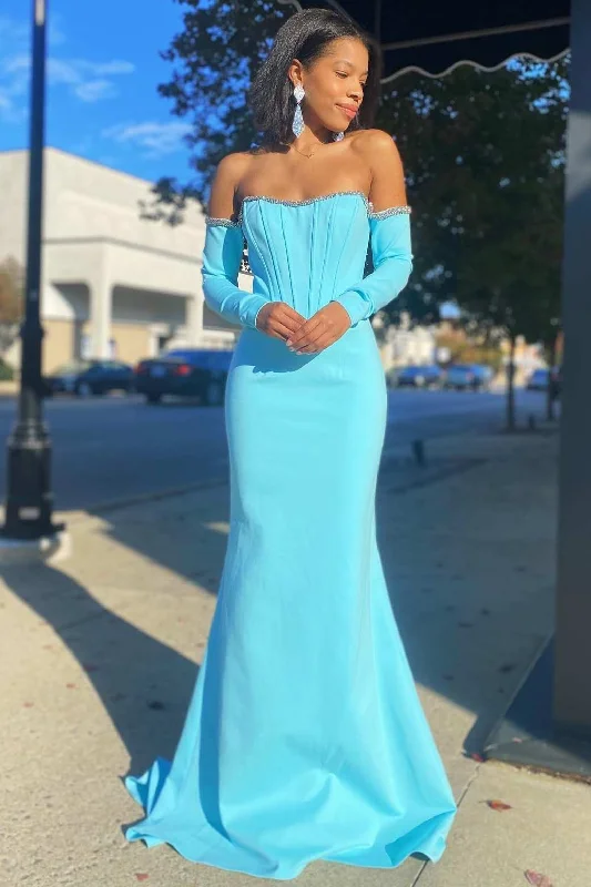 gown dresses for special occasionsAqua Off-the-Shoulder Long Sleeve Mermaid Formal Dress