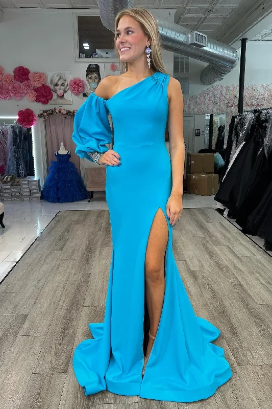 gown dress designers to followAsymmetrical Cobalt Blue Mermaid Long Formal Dress with Slit