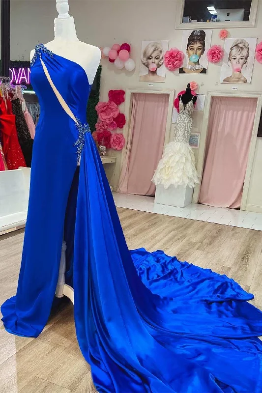 evening gown dressesRoyal Blue Beaded Keyhole Long Formal Dress with Attached Train