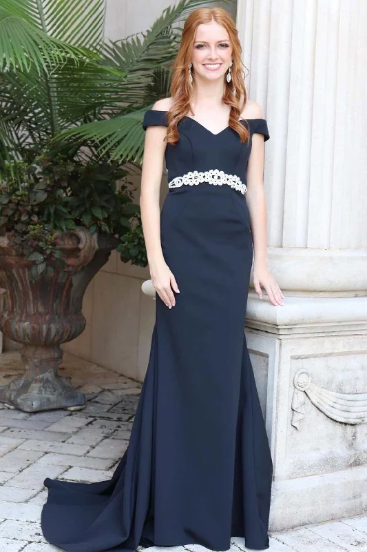 gown dresses with trainsBlack Off-the-Shoulder Cross-Back Mermaid Long Formal Dress