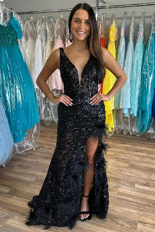 elegant gown dressesBlack Sequin Appliques Plunge V Mermaid Long Formal Dress