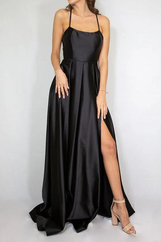 vintage gown dressesBlack Spaghetti Strap A-Line Long Formal Dress with Slit