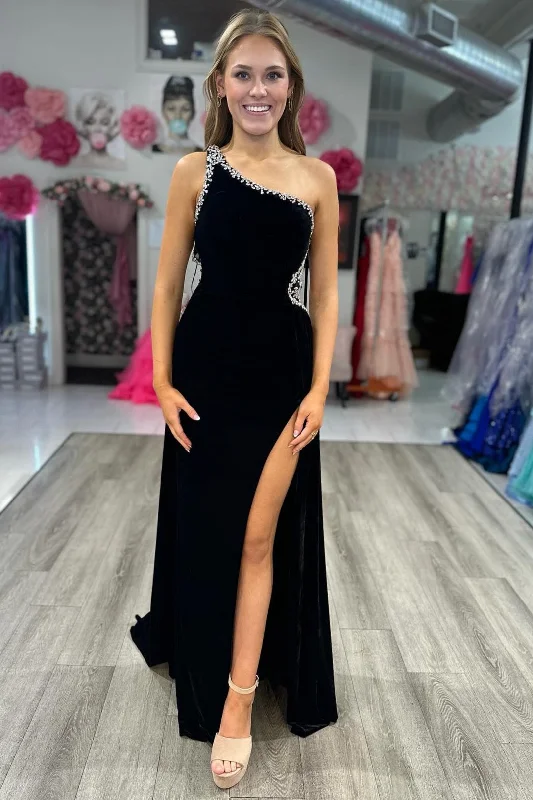 Grammy gown dressesBlack Velvet One-Shoulder Beaded Long Formal Dress