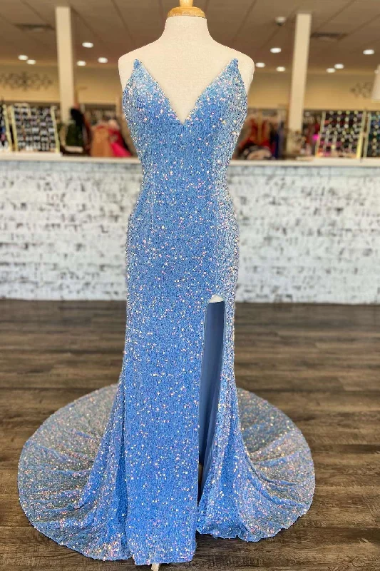 illusion sleeve gown dressesBlue Iridescent Sequin Strapless Mermaid Formal Dress with Slit