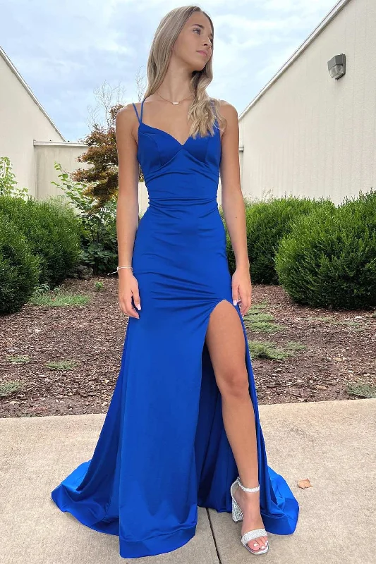 Oscar gown dressesBlue V-Neck Lace-Up Long Formal Dress with Slit