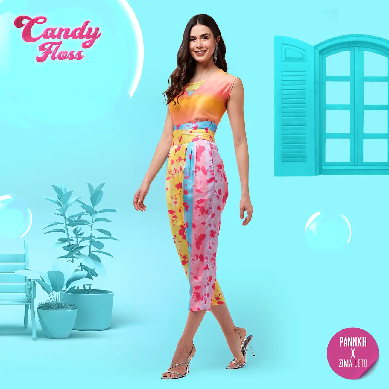 women's classic pantsCandy Inspired Digital Printed Crop Top With High Waist Pleated Pants