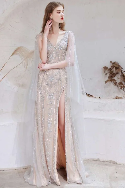 modern gown dressesChampagne Tulle V-Neck High Slit Long Formal Dress with Cape