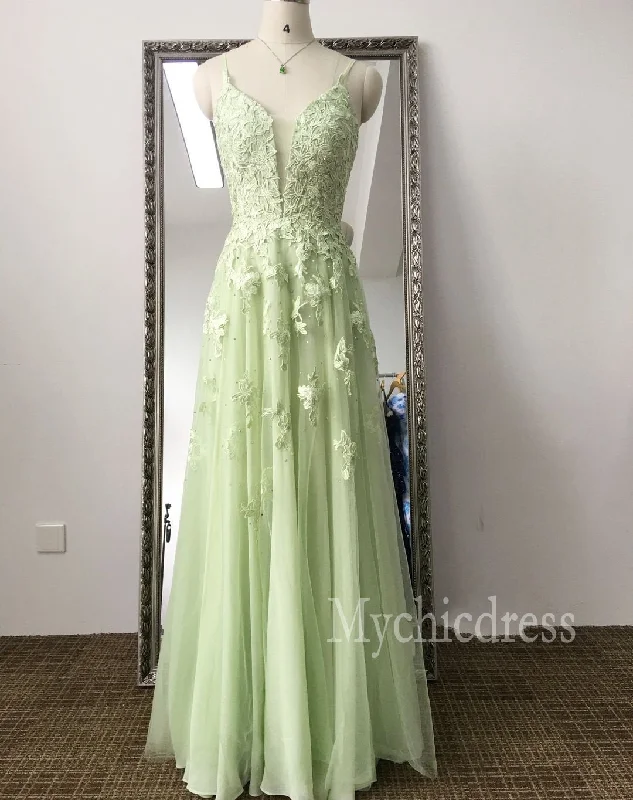 gown dress accessoriesCustom Made Lace Sage Green Long Formal Dresses A Line