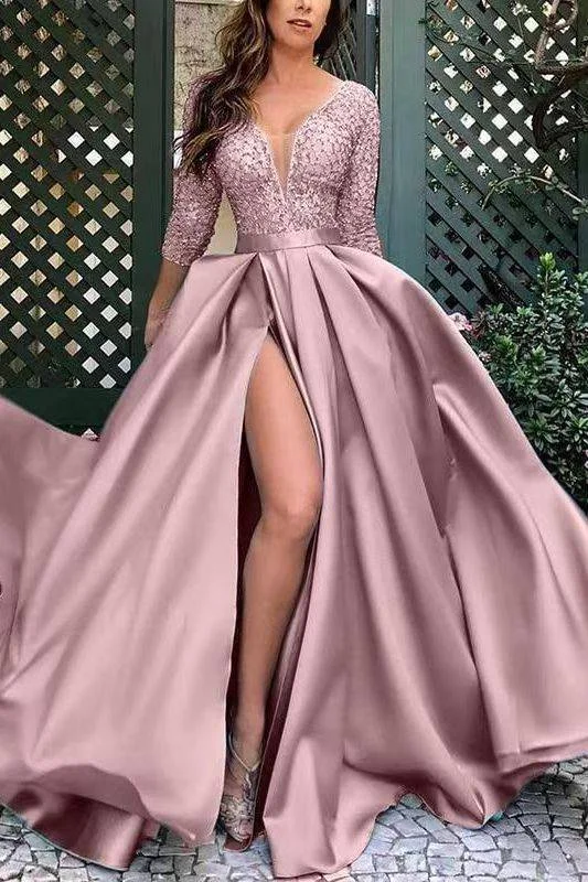 after-party gown dressesElegant A-Line V-Neck Appliques Long Sleeves Pleated Long Formal Dress with Slit