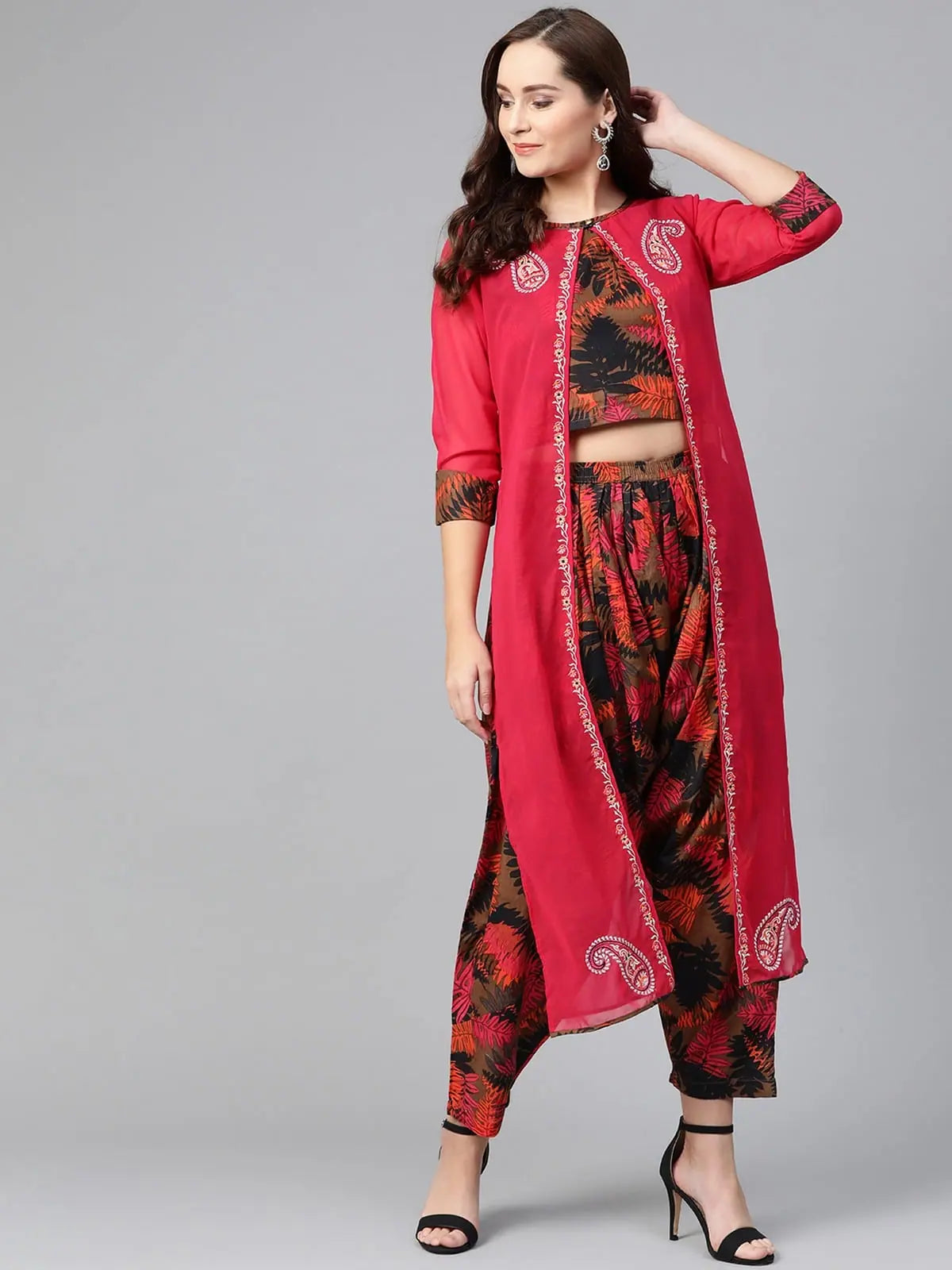 women's skinny pantsEmbroidered Jacket With Printed Top And Pants-PKC10079-S