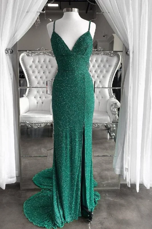 formal gown dressesFlattering Emerald Green Slit Long Formal Dress