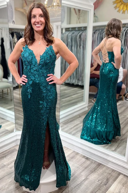 gown dress cleaning and careForest Green Sequin 3D Floral Lace Plunge V Long Formal Dress