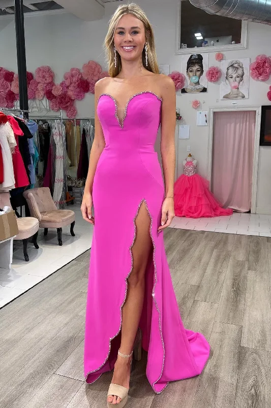 convertible gown dressesFuchsia Beaded Strapless Mermaid Long Formal Dress with Slit