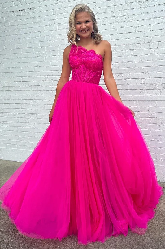 floor-length gown dressesFuchsia Lace One-Shoulder A-Line Formal Dress with Detachable Sleeves