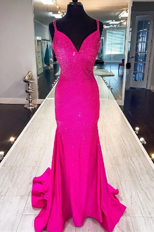 illusion sleeve gown dressesFuchsia Trumpet Beaded Long Formal Dress