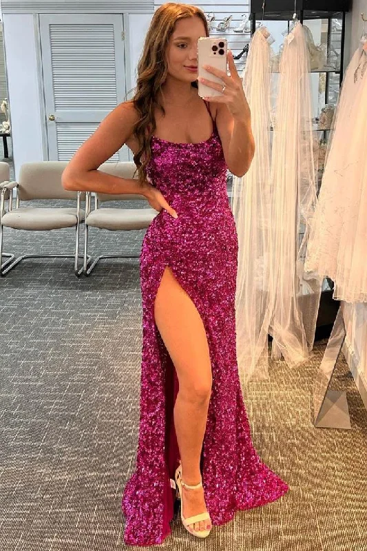 ball gown dressesFuchsia Sequins Mermaid Long Formal Dress