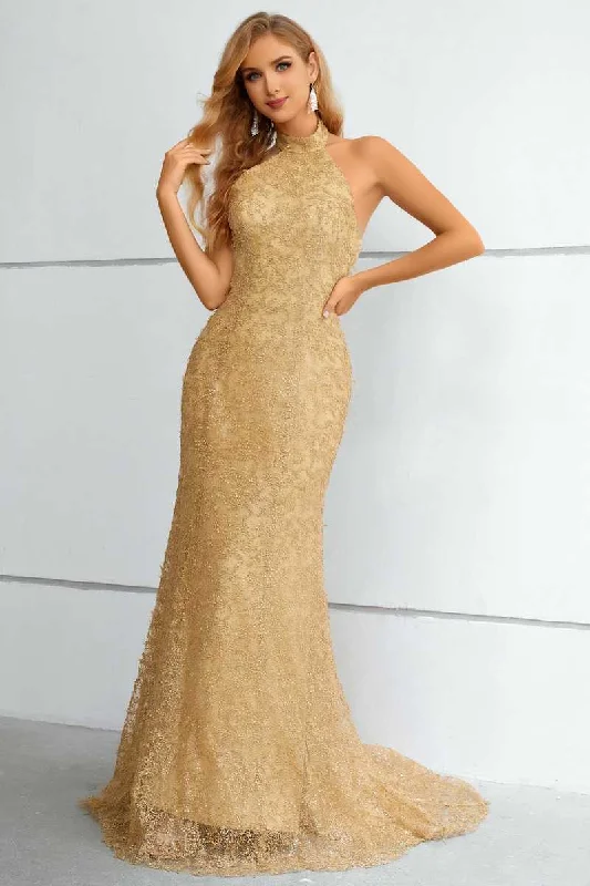 wedding gown dressesGold Lace Halter Backless Mermaid Long Formal Dress