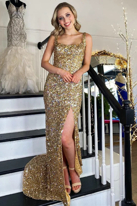 metallic gown dressesGold Sequin Square Neck Backless Long Formal Dress with Slit