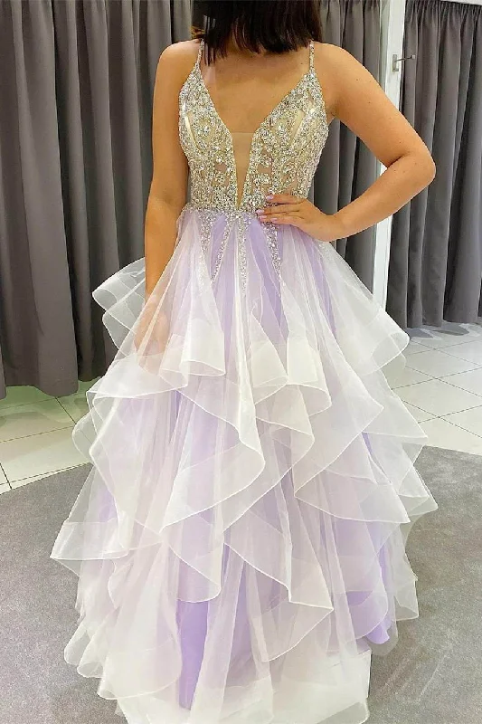 sleeveless gown dressesGorgeous Beaded Lavender Layers Long Formal Dress