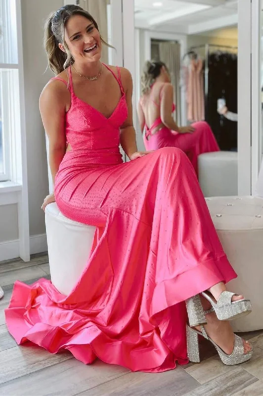 glamorous gown dressesHot Pink Double Straps Backless Trumpet Long Formal Dress