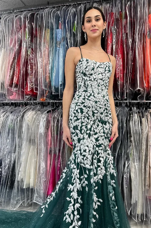 beaded gown dressesHunter Green Straps Trumpet Long Formal Dress with White Appliques