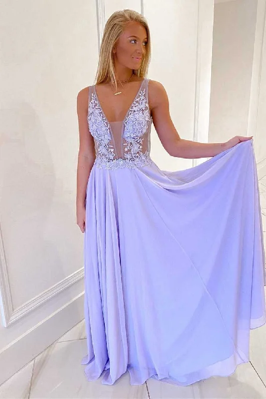 backless gown dressesLavender Chiffon A-line Long Formal Dress